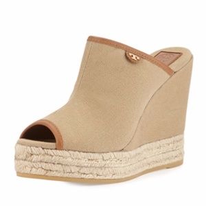 Tory Burch Canvas Slip-On Wedge Mule Tan/Royal